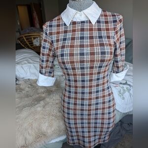 Kingston Brown Plaid Midi Dress with White Collar